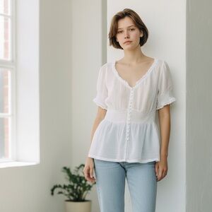 Fei Women's White Peasant Blouse with Smocked Waist and Pearl Buttons